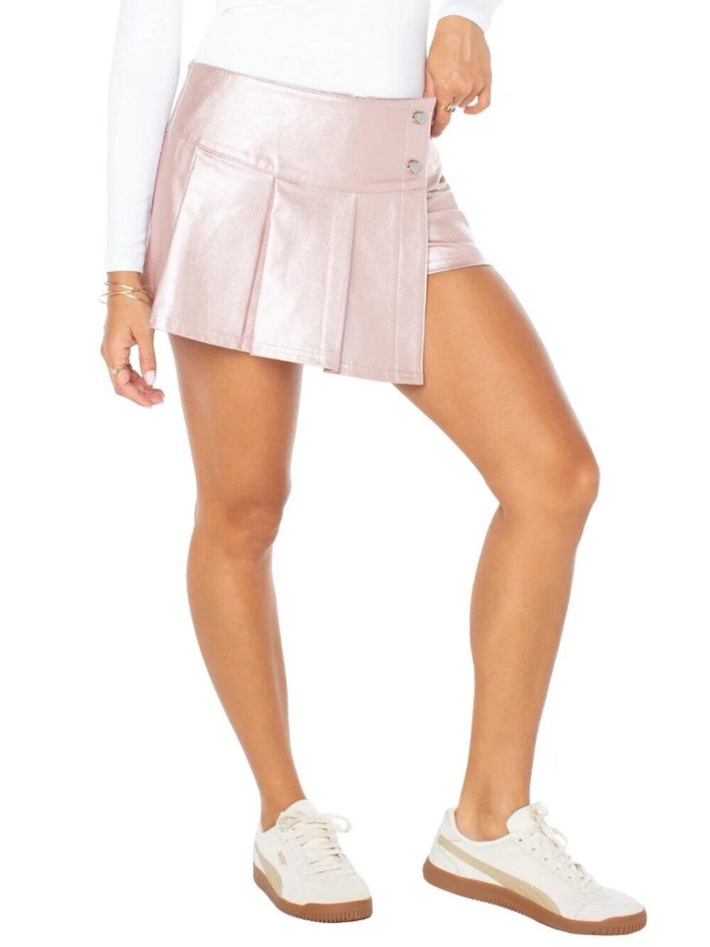 Celebrity Pink Women Faux Leather Pleated Skort, Size M, Metallic Pink, Mini - Picture 4 of 5